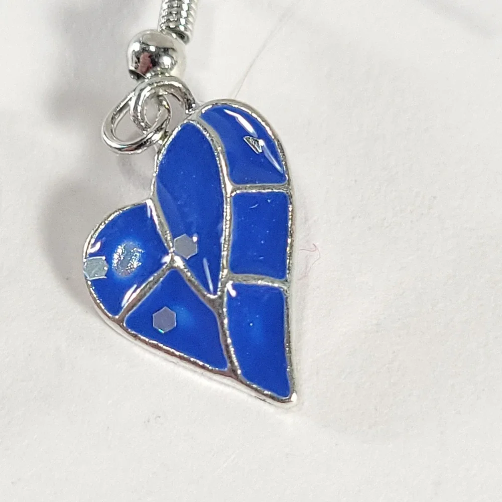 Blue Heart Enamel Drop Earrings Blue Mosaic Glitter Fishhook Dangle Jewelry